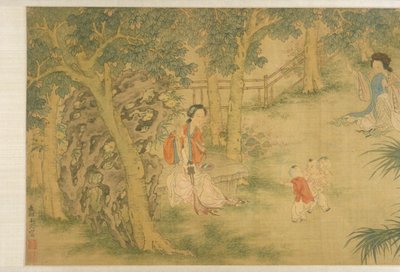 庭の女性と子供たち（シルクにインクとカラー） 作： Shi Wang