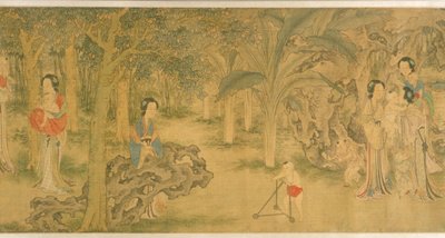 庭の女性と子供たち（シルクにインクとカラー） 作： Shi Wang