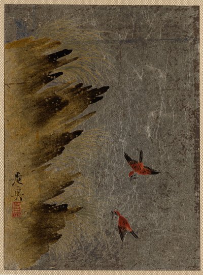 鳥と突き出た岩。 作： Shibata Zeshin