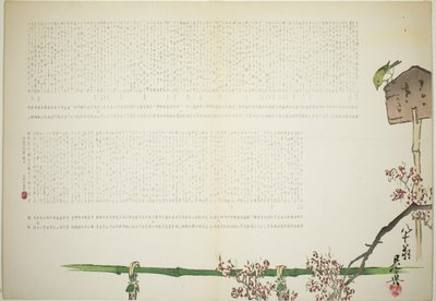 竹垣の梅園の看板にとまるウグイス 作： Shibata Zeshin