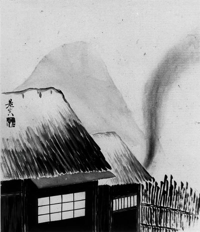 コテージと山、19 世紀。 作： Shibata Zeshin