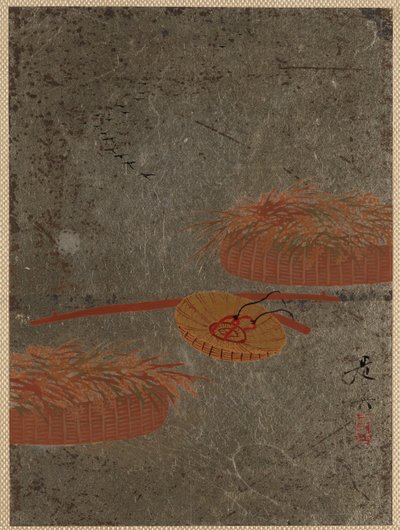 フラワーバスケットとファーマーズハット1880年代。 作： Shibata Zeshin