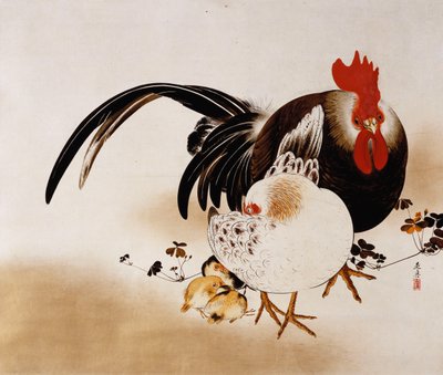 コケコッコーと雌鳥と雛を描いた掛軸（下地紙に色漆塗り 作： Shibata Zeshin