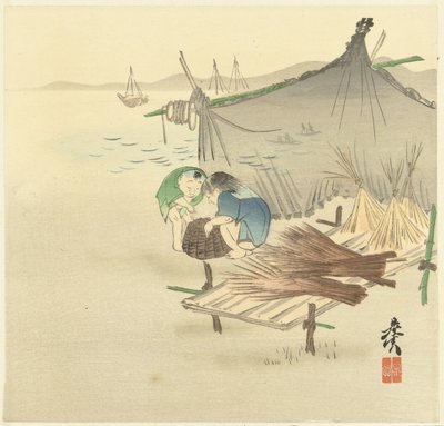 漁網の近くの子供たち 作： Shibata Zeshin