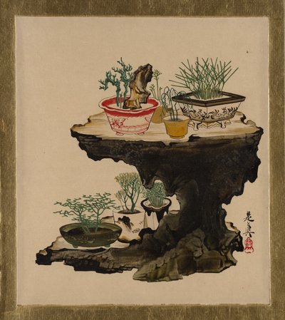 さまざまな主題の漆の絵画：盆栽、1882年。 作： Shibata Zeshin