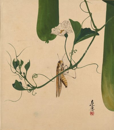 さまざまな主題の漆の絵画：ひょうたんつるのグラスホッパー、1882年。 作： Shibata Zeshin