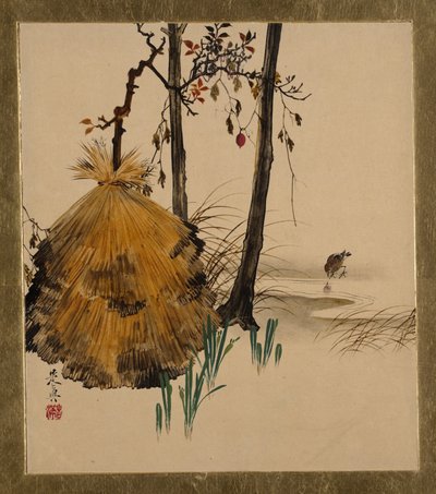 さまざまな主題の漆の絵画：スズメのいる木のための雪の避難所、1882年。 作： Shibata Zeshin