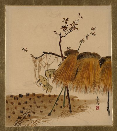 さまざまな主題の漆の絵画：イネとトンボのスタック、1882年。 作： Shibata Zeshin