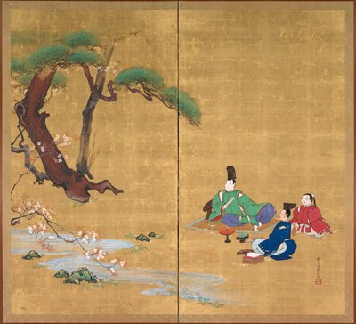 成平桜を見る、2枚折りスクリーン、1800年代後半（インク、色、漆、絹に金） 作： Shibata Zeshin