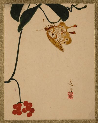 赤いベリーの植物と蝶。 作： Shibata Zeshin
