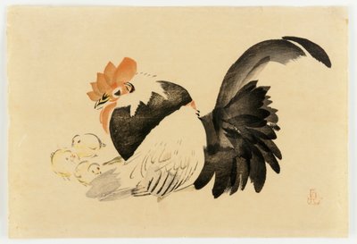 鶏、鶏、雛、明治時代、1876-79年（カラー木版画） 作： Shibata Zeshin