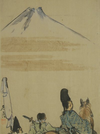 藤山山の近くの旅行者、1872年頃（紙にインクとトイレ） 作： Shibata Zeshin