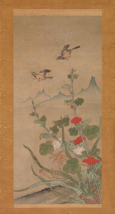 夏と秋の鳥と花、16世紀半ば。 作： Shikibu Terutada