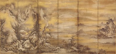 日本語: 『式部輝忠筆 四季山水図屏風風 室町時代四季山水図屏風 一双（アジア美術館蔵 B60D49+) 作： Shikibu Terutada
