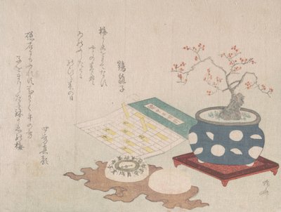 盆栽梅、コンパス、カレンダーのデザインを備えたポケット日時計、「春の雨すりもん...」、1806. 作： Shinsai