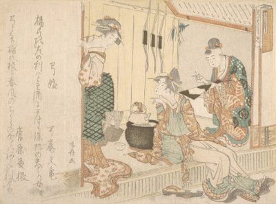 年配の使用人が出席したお茶を飲んでいる 2 人の若い女性。 作： Shinsai