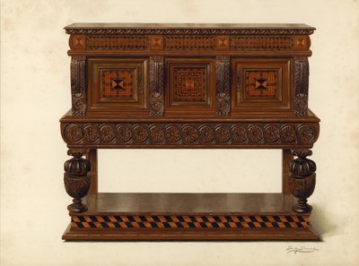 Walnut and Oak Standing Buffet、Percy Macquoid（chromolitho）の所有物 作： Shirley Charles Llewellyn Slocombe