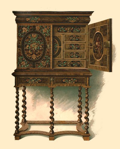 寄木細工が施されたクルミのキャビネット、1905年 作： Shirley Charles Llewellyn Slocombe