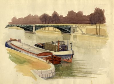 バタシー橋近くのテムズ川のはしけ、ロンドン、c1951。 作： Shirley Markham