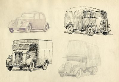 車と大型トラック、1951 年。 作： Shirley Markham