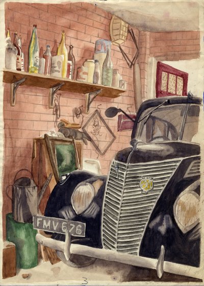 ガレージの車、c1950。 作： Shirley Markham