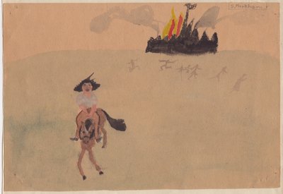 燃える砦から逃げる馬に乗った少女、c1941。 作： Shirley Markham