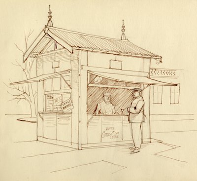 飲み物を売る売店、パリ、フランス、1951年頃。 作： Shirley Markham