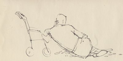 ビーチでベビーカーにもたれかかる男性、c1950。 作： Shirley Markham