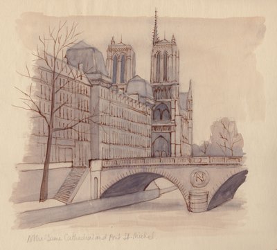 「ノートルダム大聖堂とサンミッシェル橋」、1951 年。 作： Shirley Markham