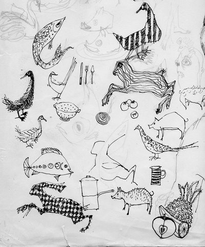 動物のスケッチのページ、c1950。 作： Shirley Markham