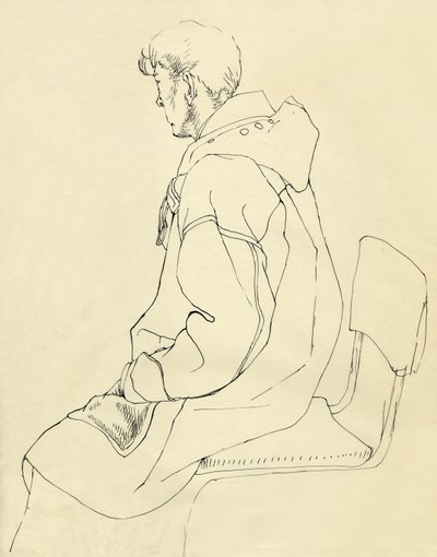 ダッフル コートを着て座っている男性、1952 年頃。 作： Shirley Markham