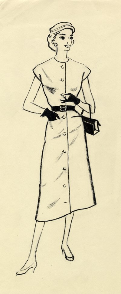 ベルト付きのドレスを着た女性、1950年頃。 作： Shirley Markham