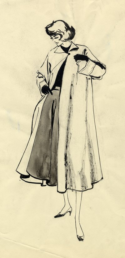 コートとフル スカートの女性、1950 年頃。 作： Shirley Markham