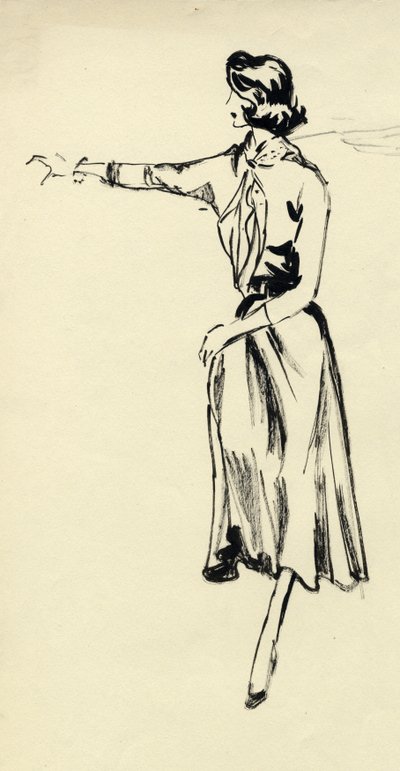 腕を伸ばしたフル スカートの女性、c1950。 作： Shirley Markham