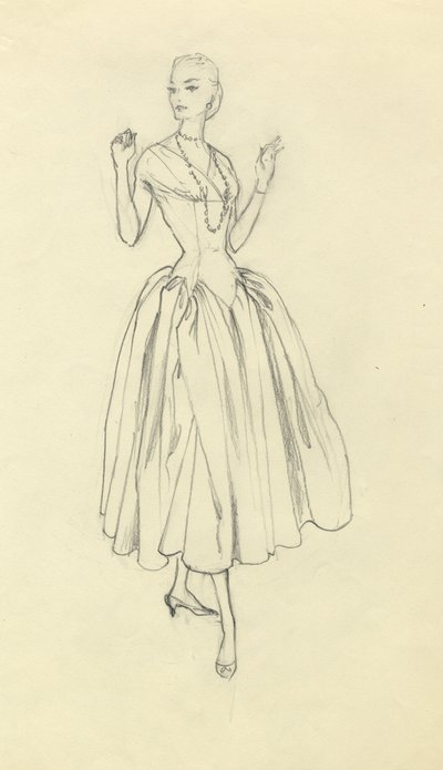 ウエストの狭いドレスを着た女性、1952年頃。 作： Shirley Markham
