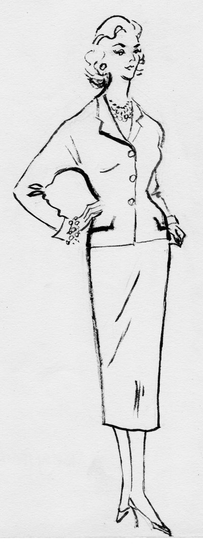 鉛筆のスーツを着た女性、c1950。 作： Shirley Markham