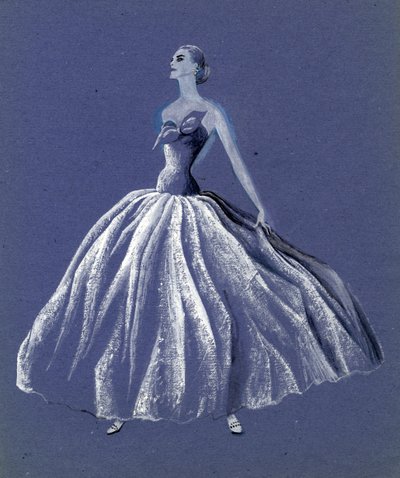 ストラップレスのボールガウンを着た女性、c1952。 作： Shirley Markham