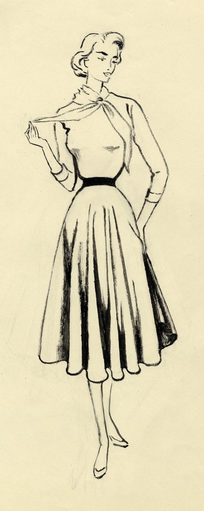 セーターとフル スカートの女性、1950 年頃。 作： Shirley Markham