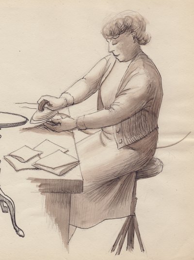 アイロンがけをする女性、1951年。 作： Shirley Markham