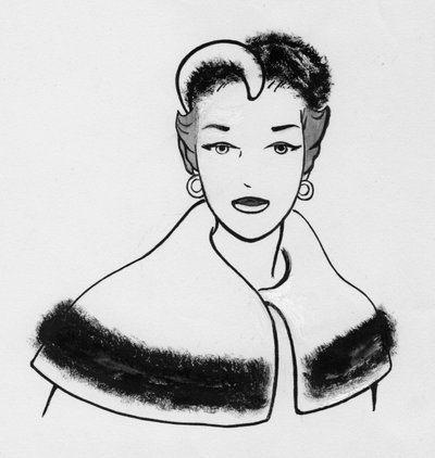 毛皮で縁取られたマントとおそろいの帽子をかぶった女性、1950年頃。 作： Shirley Markham
