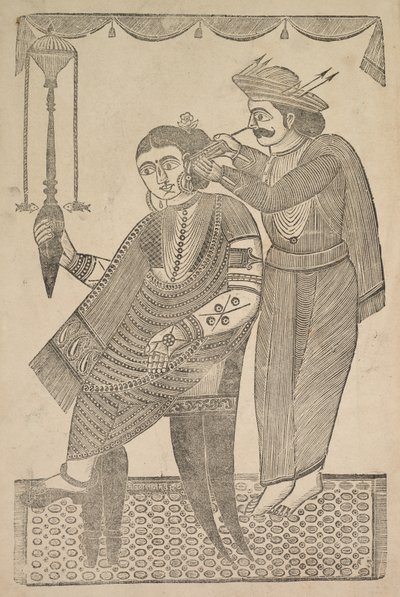 1800年代、遊女の耳を掃除する理髪師。 作： Shri Gobinda Chandra Roy