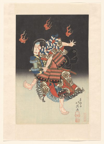 Nakamura Shikan II als de vos (kitsune) Genkurô in het toneelstuk ‘Hanayagura hitome senbon’, Naka Theater 作： Shunbaisai Hokuei