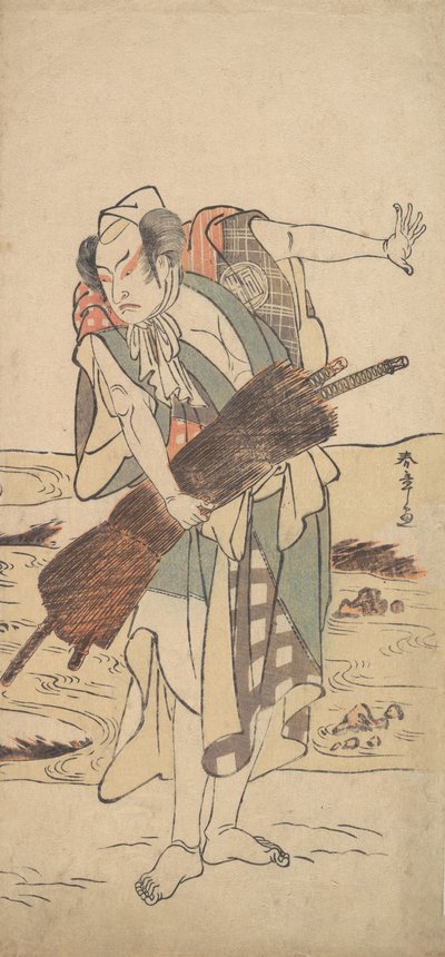 浪人サムライとしての嵐三五郎は、銀行に立っています。 1777年。 作： Shunsho