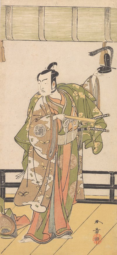 豪邸のベランダに立つ侍としての嵐三五郎、1774年または1775年。 作： Shunsho