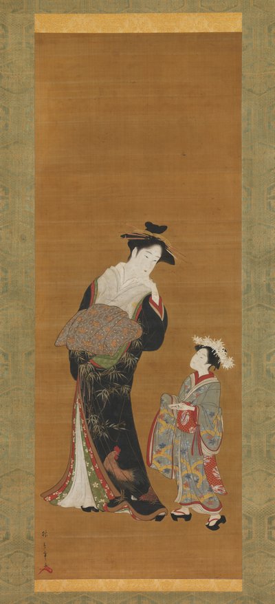 花魁と付き添い、18世紀。 作： Shunsho
