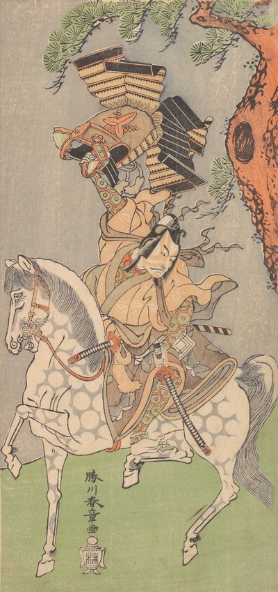 市川團十郎 5 世、まだらの灰色の馬に乗った武士、1771 年。 作： Shunsho