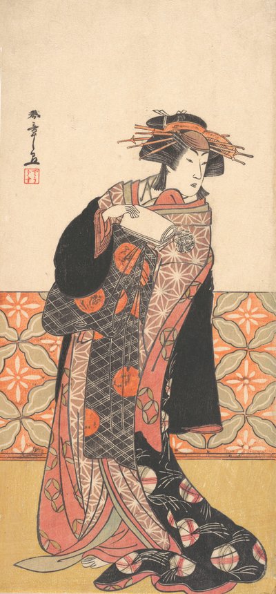 部屋に立つ豪華なコートの娼婦としての中村梨子、ca。 1778年。 作： Shunsho