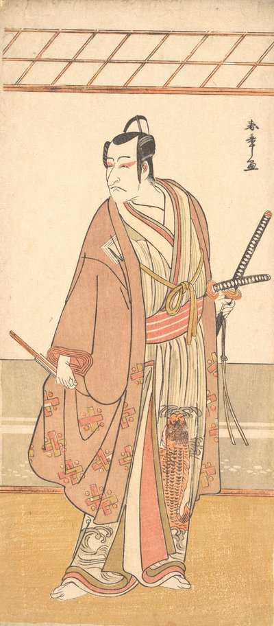紫の羽織を着た武士としての俳優市川團十郎 5 世。 1778年。 作： Shunsho