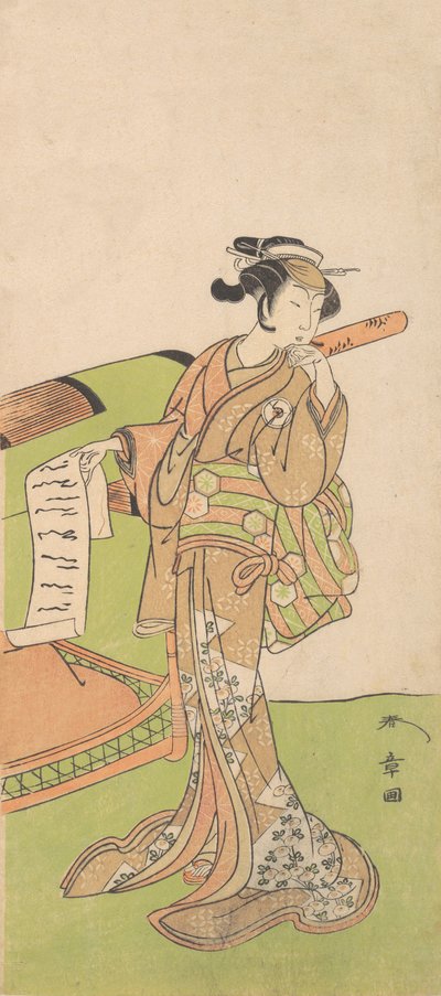 女役の俳優岩井半四郎 4 世、くずのそばに立っている、1726 年から 1792 年。 作： Shunsho