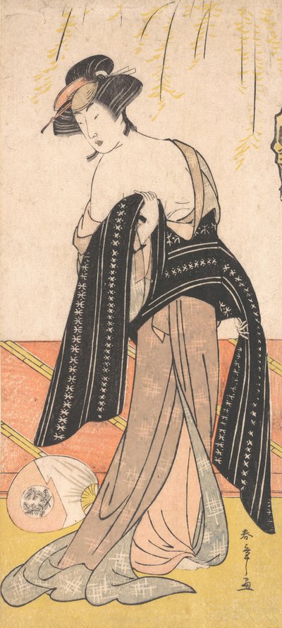 帯を結ぶ花魁としての俳優中村梨子, ca. 1779年。 作： Shunsho